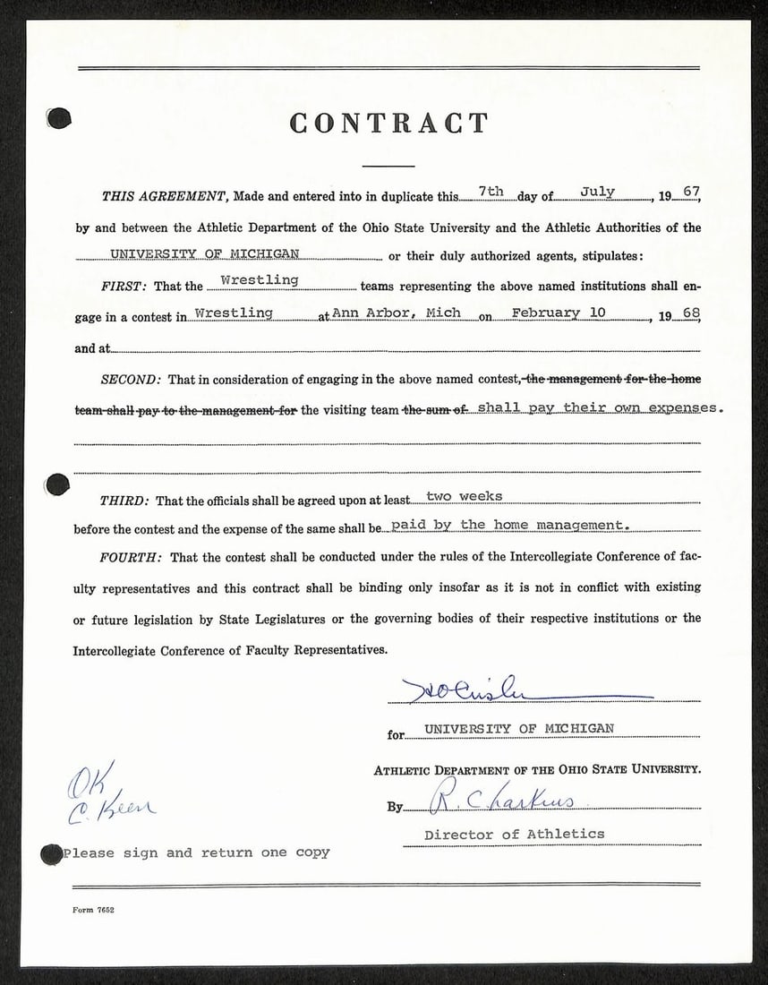 Fritz Crisler HOF Michigan Head Coach Signed/ Auto Contract PSA BA199019 (1 of 2)