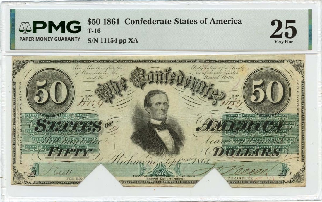 Confederate States of America T-16 $50 1861 PMG VF25: Confederate States of America T-16 $50 1861 PMG VF25 Item Specifics: Certification: PMG Certification Number: 2417912024 Grade: VF25 Circulated/Uncirculated: Circulated Denomination: Confederate State