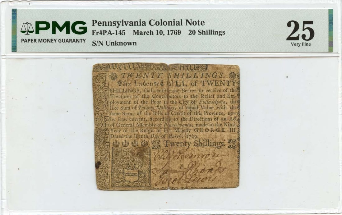 1769 March 10, 20s Pennsylvania Colonial Note FR#145 PMG VF25 Charles Thomson: 1769 March 10, 20s Pennsylvania Colonial Note FR#145 PMG VF25 Charles Thomson This 1769 March 10, 20s Pennsylvania Colonial Note features a unique design and bears the signature of Charles Thomson. Ce