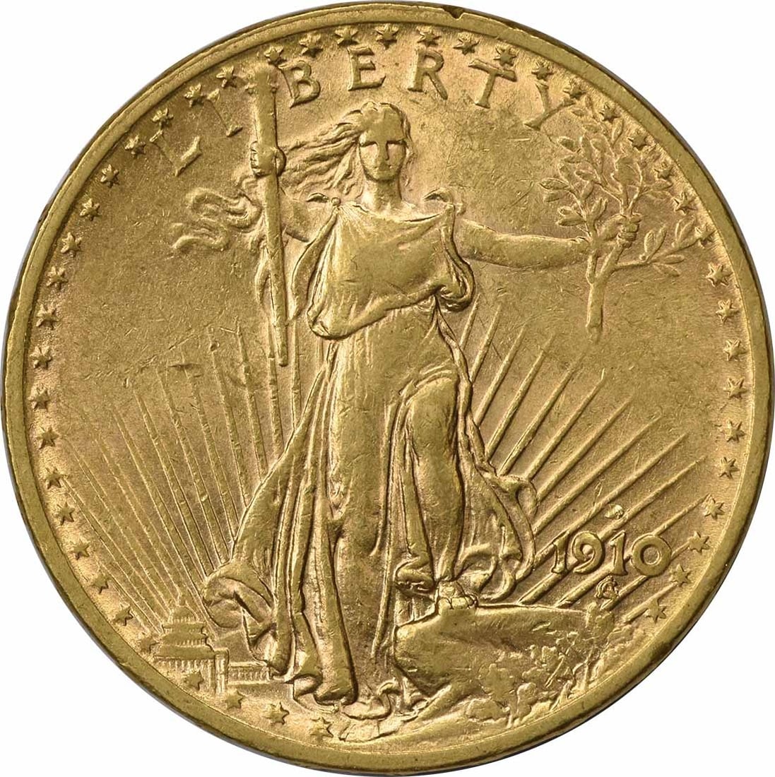 GOLD $20 ST. GAUDENS 1910- D UNCERTIFIED: GOLD $20 ST. GAUDENS 1910- D UNCERTIFIED The Gold $20 St. Gaudens 1910-D features an intricate design by renowned artist Augustus St. Gaudens, with a diameter of 34.00 millimeters and a weight of 33.4