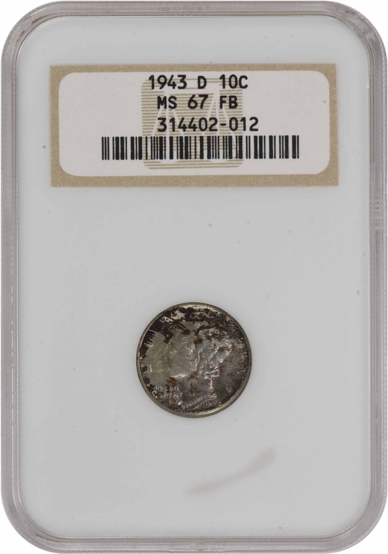 1943-D Mercury Silver Dime MS67FB NGC: 1943-D Mercury Silver Dime MS67FB NGC The 1943-D Mercury Silver Dime MS67FB NGC boasts exceptional condition, with its high grade indicating near-perfect preservation. This coin's unique combination o