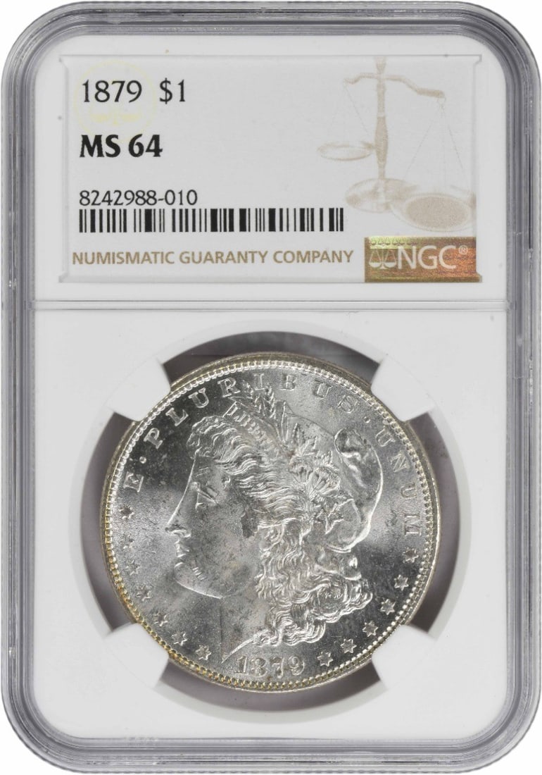 Morgan Silver Dollar MS64 1879 NGC: Morgan Silver Dollar MS64 1879 NGC The 1879 Morgan Silver Dollar, graded MS64 by the NGC, boasts exceptional detail and luster in its uncirculated state. With a rich history as part of the United