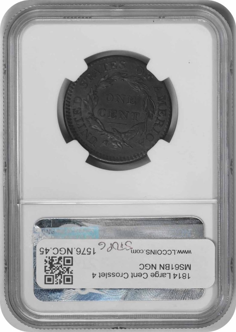 1814 Large Cent Crosslet 4 MS61BN NGC - 2