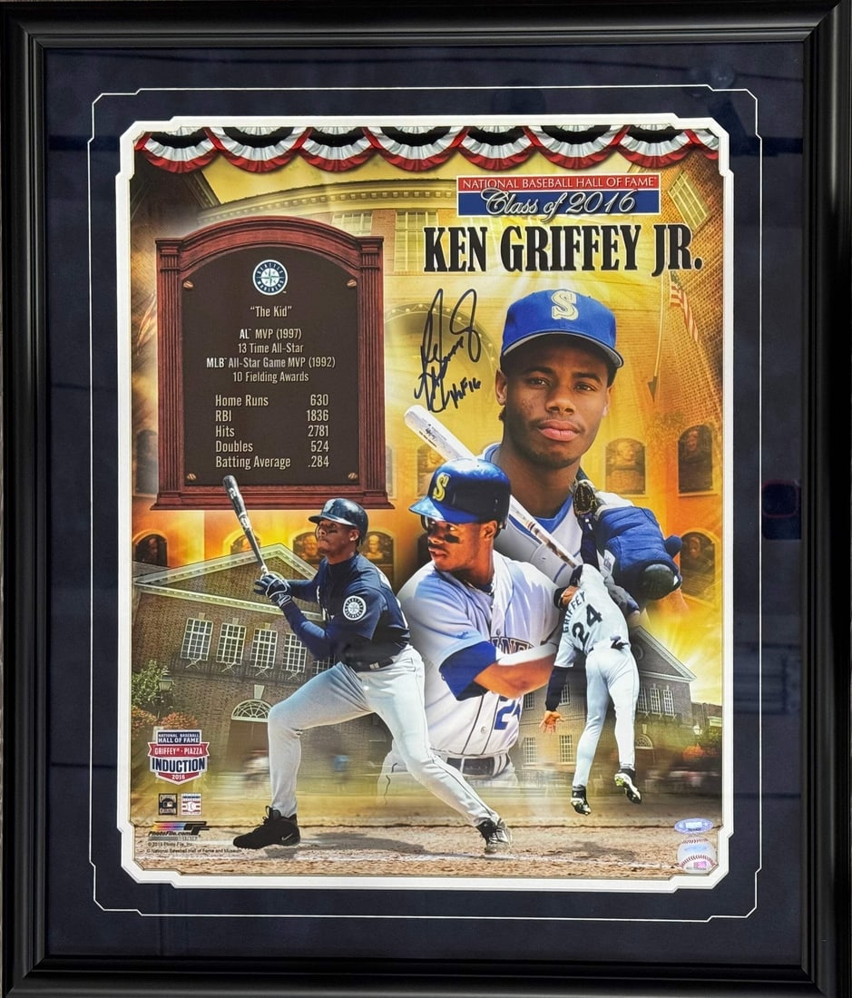 Mariners Photo Framed 16x20 Autographed By Griffey Jr: Mariners Photo Framed 16x20 Autographed By Griffey Jr Tri-Star Ken Griffey Jr Autographed 16x20 Framed Mariners Photo. This framed photo, signed in blue sharpie across the front with inscription "HOF