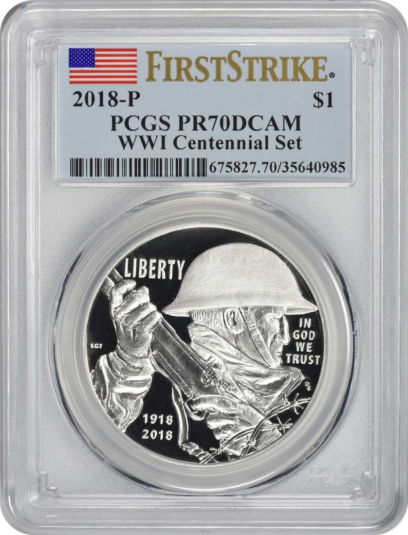 2018-P WWI World War Commemorative Silver Dollar PR70DCAM PCGS FS from Medal Set: 2018-P WWI World War Commemorative Silver Dollar PR70DCAM PCGS FS from Medal Set PCGS PR70DCAM certification ensures the coin's exceptional condition, with a stunning grade of PR70. The 2018 World War