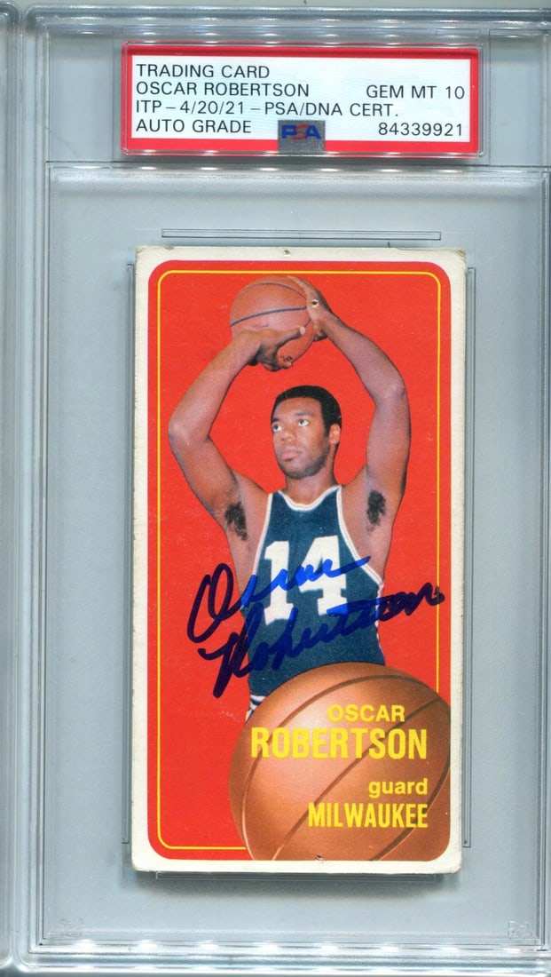 Oscar Robertson Autographed 1970-71 Topps #100 PSA Auto GEM MT 10 Card: Oscar Robertson Autographed 1970-71 Topps #100 PSA Auto GEM MT 10 Card Oscar Robertson's iconic 1970-71 Topps #100 card, featuring his signature in blue across the front, is a rare and highly sought-a