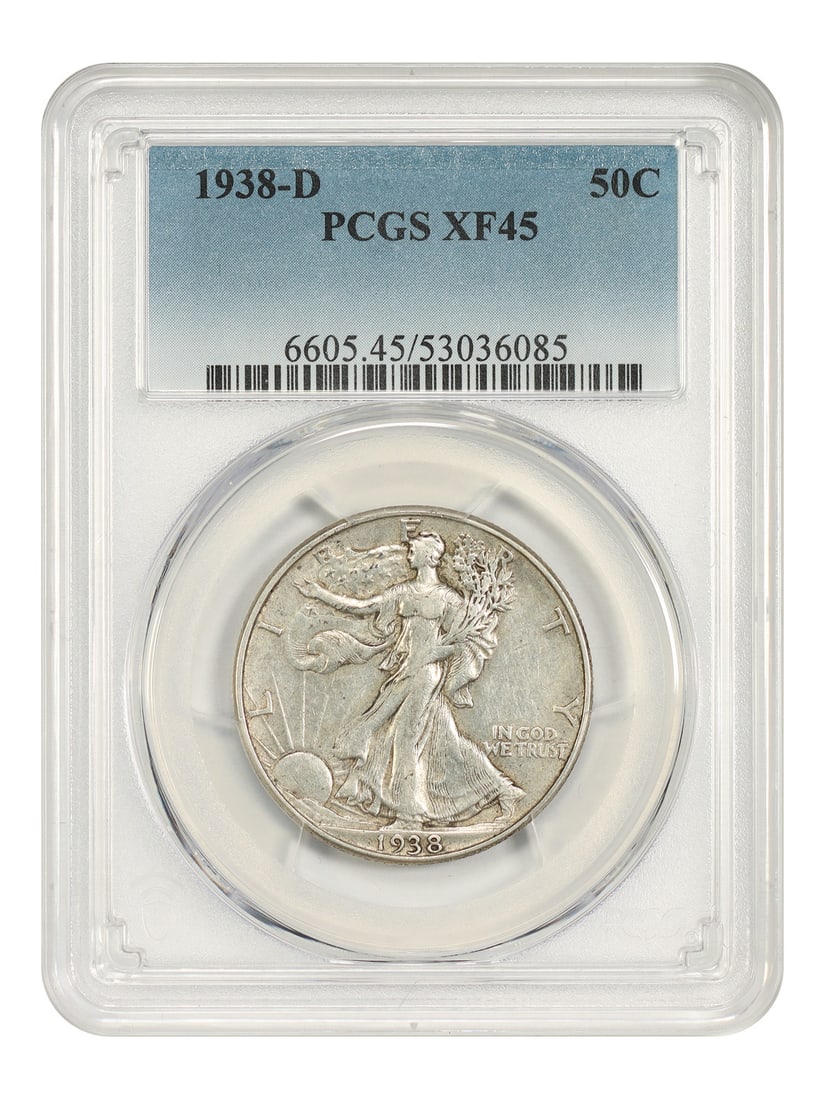 Walking Liberty Half Dollar 50c 1938 D Low Mintage Issue PCGS XF45: Walking Liberty Half Dollar 50c 1938 D Low Mintage Issue PCGS XF45 The Walking Liberty Half Dollar, minted in 1938 at the Denver Mint, boasts a distinctive design featuring Lady Liberty walking toward