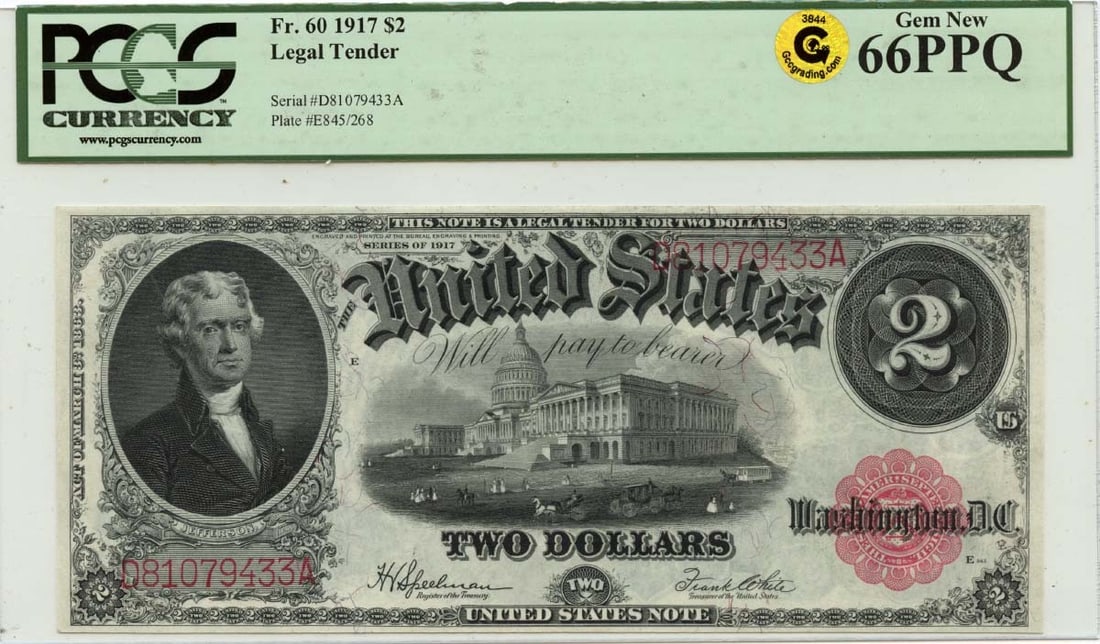1917 $2 Legal Tender Note FR#60 PCGS GEM 66 PPQ GCC Gold (1 of 1)