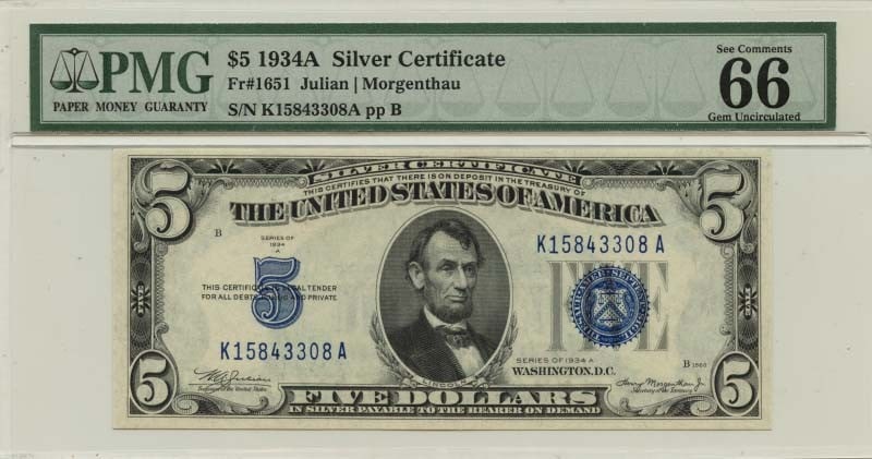 1934 A Silver Certificate Blue FR#1651 PMG Gem 66 EPQ: 1934 A Silver Certificate Blue FR#1651 PMG Gem 66 EPQ The 1934 A Silver Certificate Blue, graded MS65 by PCGS Currency and certified PMG Gem 66 EPQ, boasts a striking blue hue and exceptional conditio