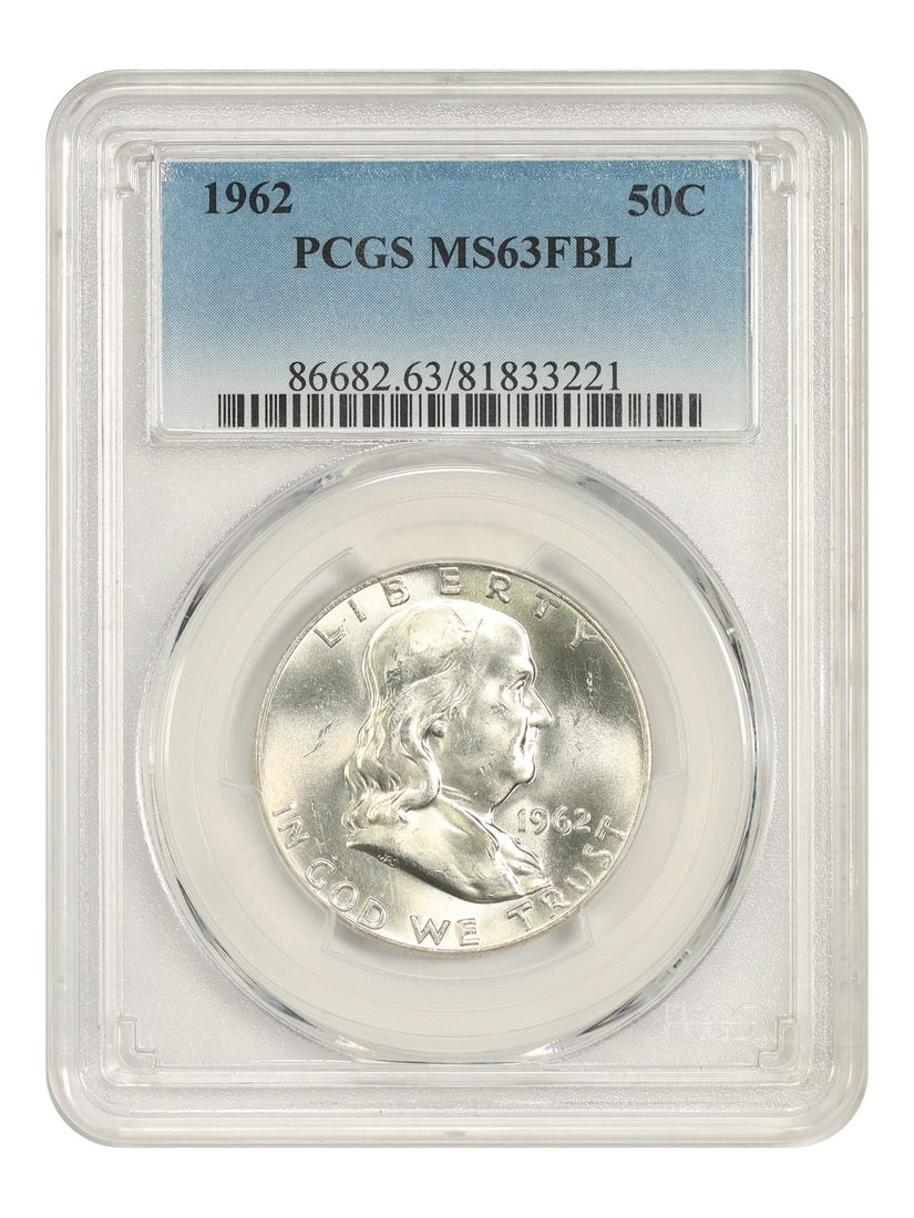 1962 50C PCGS MS63FBL - Franklin Half Dollar: 1962 50C PCGS MS63FBL - Franklin Half Dollar The 1962 Franklin Half Dollar, graded MS63FBL by PCGS, boasts its original luster and fine details, showcasing the intricate design of William Barber's ico