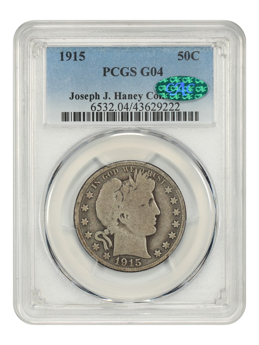1915 50C PCGS/ CAC Good 04 ex: Joseph J. Haney - Barber Half Dollar: 1915 50C PCGS/ CAC Good 04 ex: Joseph J. Haney - Barber Half Dollar The 1915 Barber Half Dollar, graded Good 04 by PCGS/CAC, boasts its original circulated condition. This coin bears the mark of its f