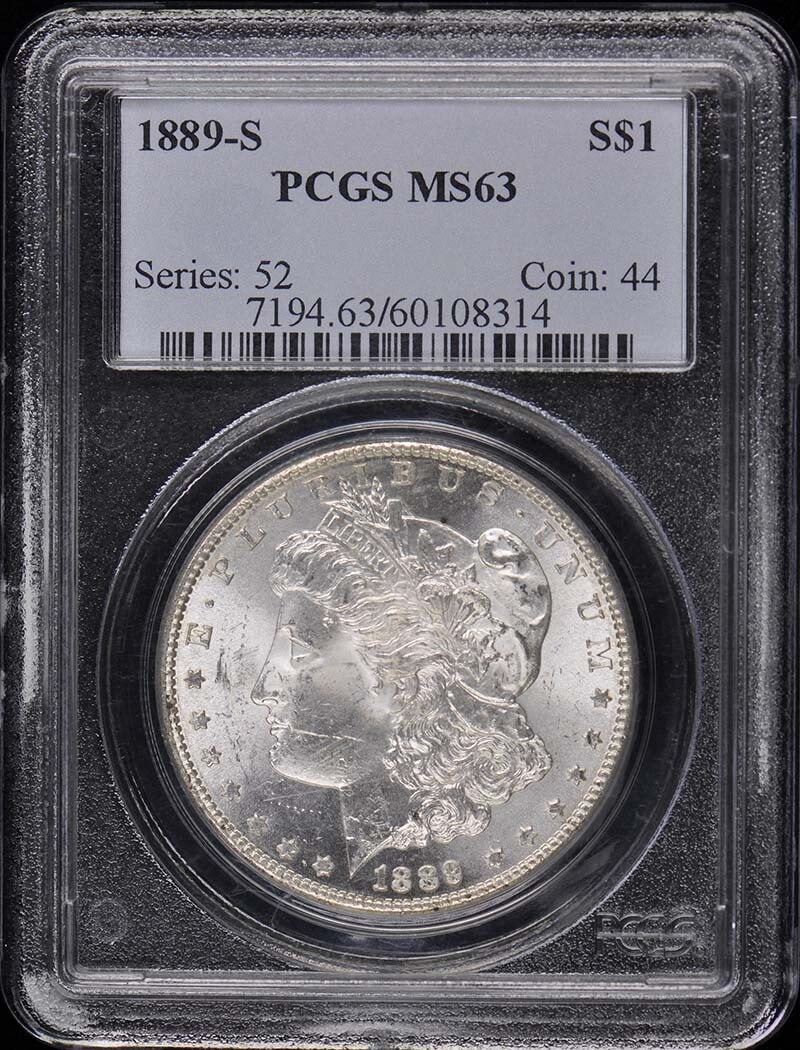 1889-S $1 Morgan Dollar PCGS MS63: 1889-S $1 Morgan Dollar PCGS MS63 The 1889-S $1 Morgan Dollar, graded MS63 by PCGS, showcases the intricate details of its San Francisco minting location. This uncirculated coin bears the distinctive 