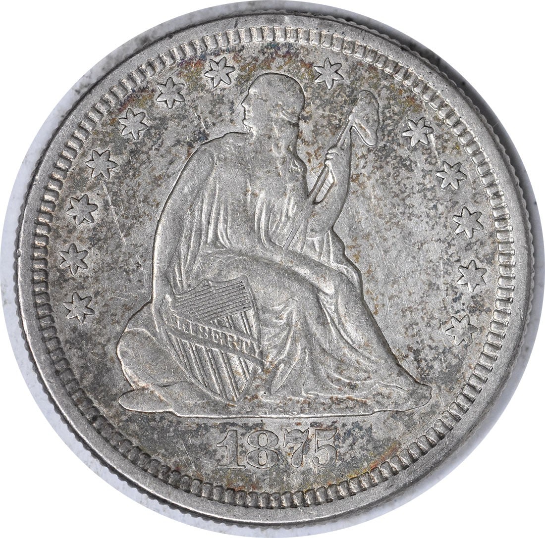 Uncertified Liberty Seated Silver Quarter 1875-S: Uncertified Liberty Seated Silver Quarter 1875-S The 1875-S Liberty Seated Silver Quarter features a striking design with Seated Liberty at the center, surrounded by intricate details and symbols. Thi