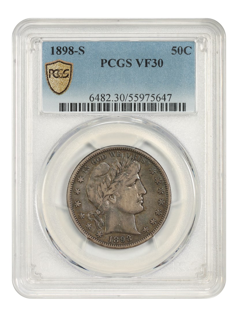 Half Dollar Barber 50C 1898-S PCGS VF30: Half Dollar Barber 50C 1898-S PCGS VF30 The 1898-S Half Dollar Barber coin features the iconic San Francisco mint mark, indicating its production at the renowned San Francisco Mint. This circulated co