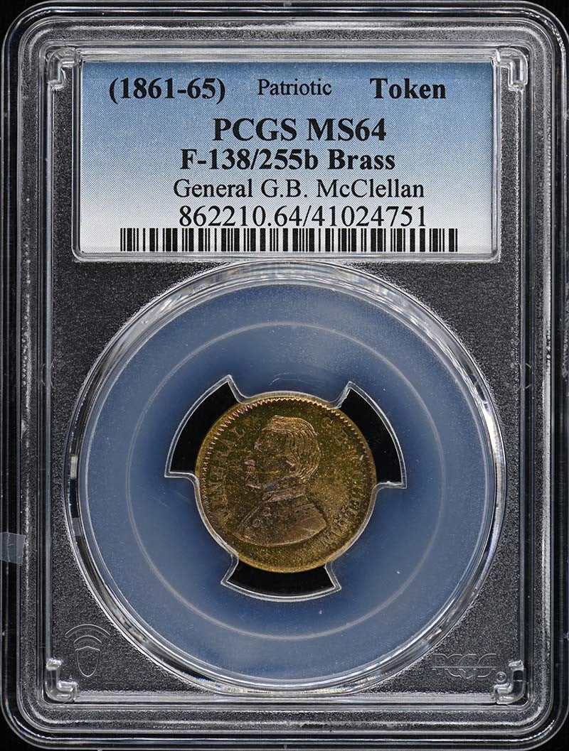 1861 CWT F-138/ 255b Brass PCGS MS64: 1861 CWT F-138/ 255b Brass PCGS MS64 The 1861 CWT F-138/255b Brass PCGS MS64 is an uncirculated coin with a high grade of MS64, indicating excellent condition and minimal wear. Certified by the Profes