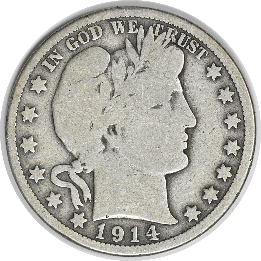 1914 Barber Silver Half Dollar VG Uncertified: 1914 Barber Silver Half Dollar VG Uncertified The 1914 Barber Silver Half Dollar is a circulated coin with a VG grade, bearing the signature of its creator. Made from silver and featuring the iconic B
