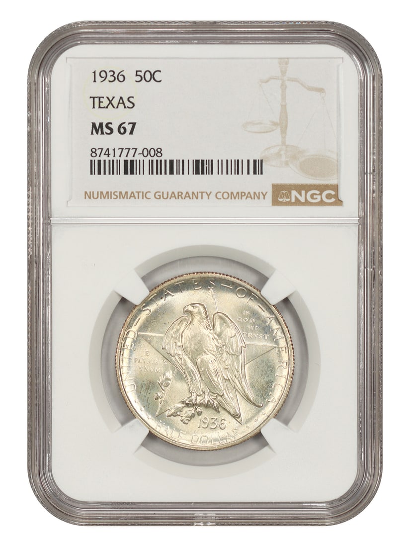 1936 50C Texas NGC MS67 - Classic Silver Commemorative - Low Mintage Issue: 1936 50C Texas NGC MS67 - Classic Silver Commemorative - Low Mintage Issue The 1936 50C Texas commemorative coin features a classic design, with its low mintage issue making it a highly sought-after c