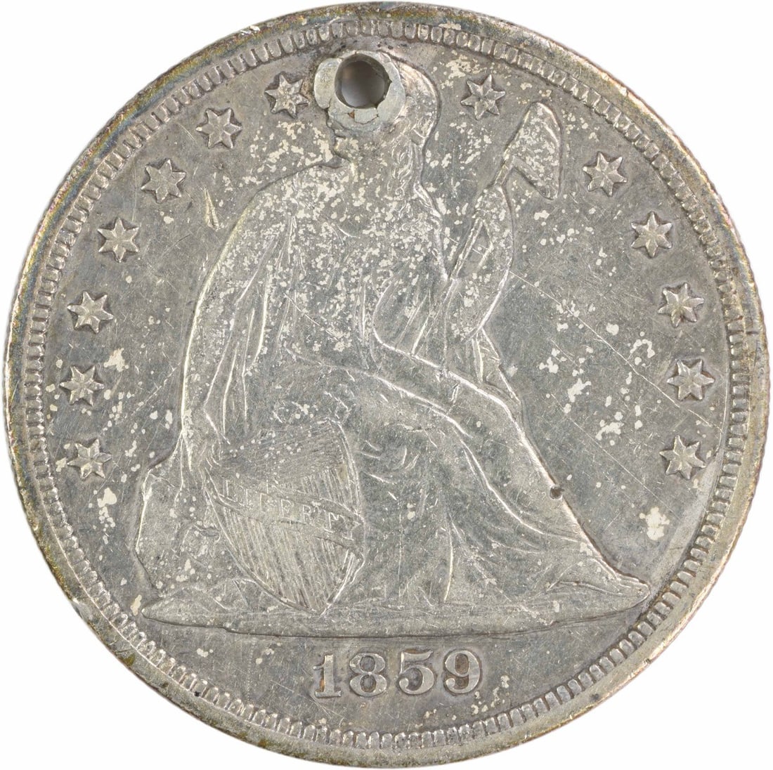 1859-S Liberty Seated Dollar EF Hole Uncertified: 1859-S Liberty Seated Dollar EF Hole Uncertified The 1859-S Liberty Seated Dollar EF Hole Uncertified features an EF grade, indicating excellent condition, and bears the signature of its mint location