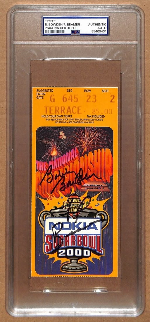 Bobby Bowden/ Frank Beamer Signed/ Auto 2000 Sugar Bowl Full Ticket PSA/ DNA 194192: Bobby Bowden/ Frank Beamer Signed/ Auto 2000 Sugar Bowl Full Ticket PSA/ DNA 194192 Item Specifics: Original/Reprint: Original Product: Ticket Stub Sport: Football Product Disclaimer: Not affiliated