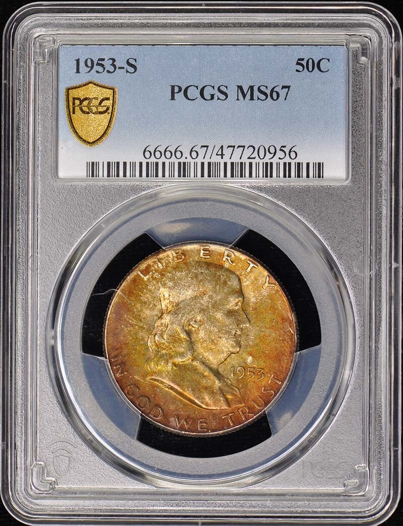 1953-S 50C Franklin Half Dollar PCGS MS67: 1953-S 50C Franklin Half Dollar PCGS MS67 1953-S 50C Franklin Half Dollar PCGS MS67. This uncirculated coin boasts a high grade of MS67, indicating exceptional condition and quality. Certified by the 
