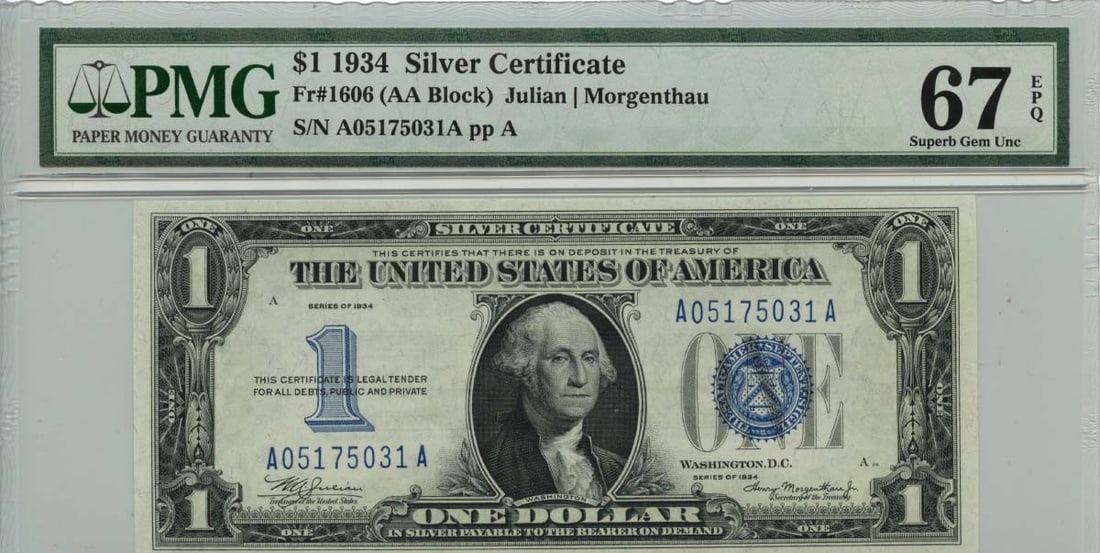 1934 $1 Silver Certificate Blue Seal Fr# 1606 PMG Superb67 EPQ: 1934 $1 Silver Certificate Blue Seal Fr# 1606 PMG Superb67 EPQ The 1934 $1 Silver Certificate features a striking blue seal and is graded MS67 by PMG, indicating its high level of condition. This