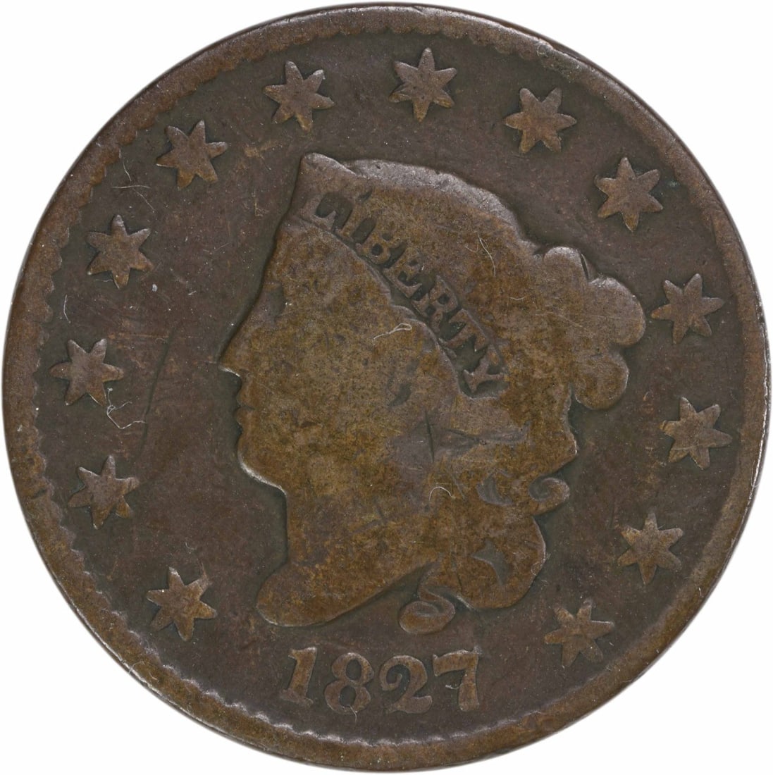 Uncertified 1827 Large Cent: Uncertified 1827 Large Cent The 1827 Large Cent, minted in Philadelphia, boasts an impressive diameter of 28.00 millimeters and weighs 10.89 grams. This circulated coin features the Coronet Head desig