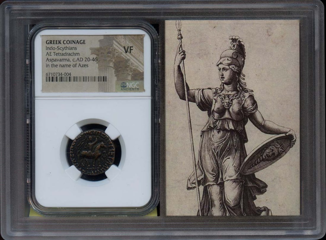 Aspavama c.AD 20-46 Indo-Scythians BI Tetradrachm NGC VF-20 Story Vault: Aspavama c.AD 20-46 Indo-Scythians BI Tetradrachm NGC VF-20 Story Vault NGC VF-20 graded BI Tetradrachm from the Aspavama c.AD 20-46 Indo-Scythians period, featuring a notable design. This ancient coi