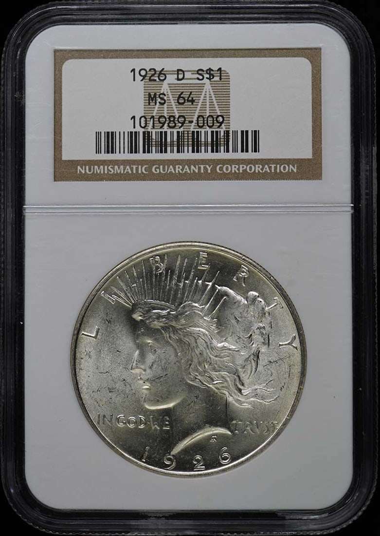 NGC MS64 1926-D peace dollar $1: NGC MS64 1926-D peace dollar $1 MS64 1926-D Peace Dollar $1, certified by the Numismatic Guaranty Corporation (NGC) with a grade of MS64, is an uncirculated coin from the Denver Mint. The coin's desig