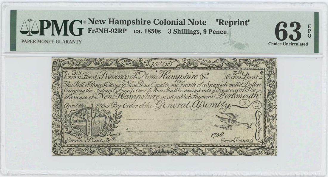 New Hampshire 3 Sh 9 pence c 1850 Cohen Reprint EPQ CU63 PMG 92 NH: New Hampshire 3 Sh 9 pence c 1850 Cohen Reprint EPQ CU63 PMG 92 NH MS63 3 Shillings, 9 Pence, 1850 Cohen Reprint, Uncirculated, PMG Certified. This Colonial Currency features a unique blend of histori
