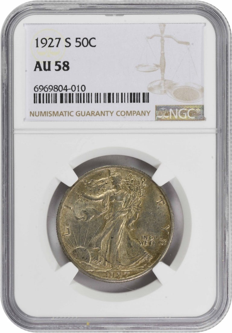Walking Liberty Silver Half Dollar 1927-S Au58 Ngc: Walking Liberty Silver Half Dollar 1927-S Au58 Ngc The Walking Liberty Silver Half Dollar, minted in San Francisco in 1927, features the iconic design by Adolph Alexander Weinman. This circulated coin
