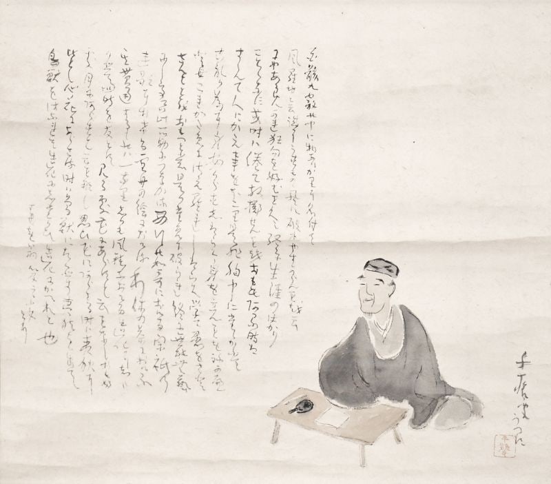 Japanese Hanging Scroll Ogawa Senyo Matsuo Basho Haiku Poet Painting Gasan (1 of 2)