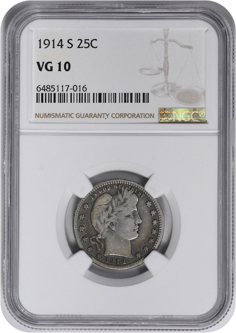 1914-S Barber Silver Quarter VG10 NGC: 1914-S Barber Silver Quarter VG10 NGC The 1914-S Barber Silver Quarter is a circulated coin with a unique history, featuring the signature of Charles E. Barber, its designer, and boasting a VG10 grade