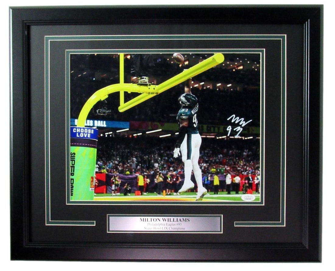 Milton Williams Signed/ Autographed 11x14 Photo Eagles SB LIX Framed JSA 195569: Milton Williams Signed/ Autographed 11x14 Photo Eagles SB LIX Framed JSA 195569 Milton Williams' signature on an 11x14 photo of the Eagles from Super Bowl LIX adds a unique touch to this framed image.