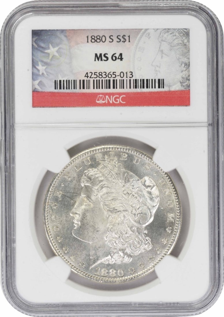1880-S Morgan Silver Dollar MS64 NGC: 1880-S Morgan Silver Dollar MS64 NGC The 1880-S Morgan Silver Dollar MS64 NGC boasts exceptional detail and luster, its 90% silver composition and reeded edge a testament to its rich history. Certifie