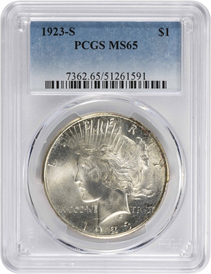 1923-S Peace Silver Dollar MS65 PCGS: 1923-S Peace Silver Dollar MS65 PCGS The 1923-S Peace Silver Dollar MS65 PCGS boasts exceptional condition, with its high grade reflecting its near-perfect state. This stunning coin features the iconi