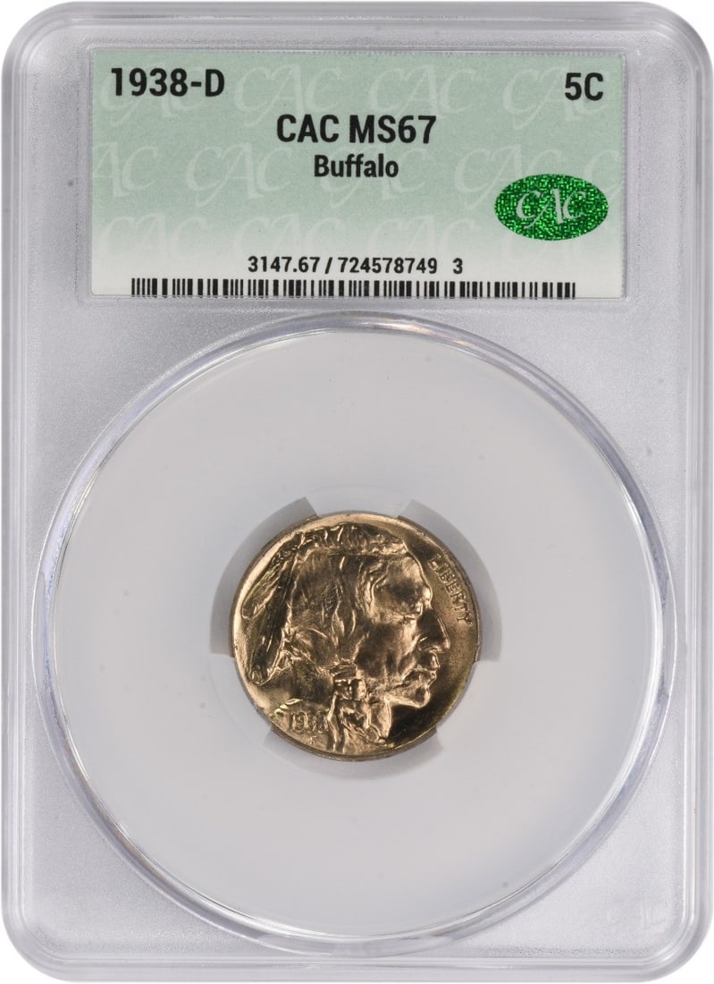 MS67 Buffalo Nickel 1938-D CACG: MS67 Buffalo Nickel 1938-D CACG MS67 Buffalo Nickel 1938-D CACG, graded uncirculated with a high level of detail and luster, showcases the iconic design of James Earle Fraser's buffalo on its reverse.