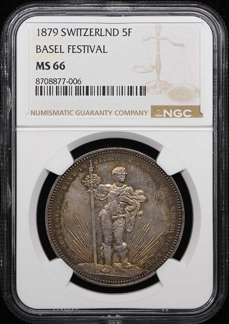 1879 SWITZERLND BASEL FESTIVAL R-92a Martin-56 5F NGC MS66: 1879 SWITZERLND BASEL FESTIVAL R-92a Martin-56 5F NGC MS66 Uncirculated 1879 Swiss Basel Festival R-92a Martin-56 5F NGC MS66, bearing the distinctive signature of its creator. This coin features a un