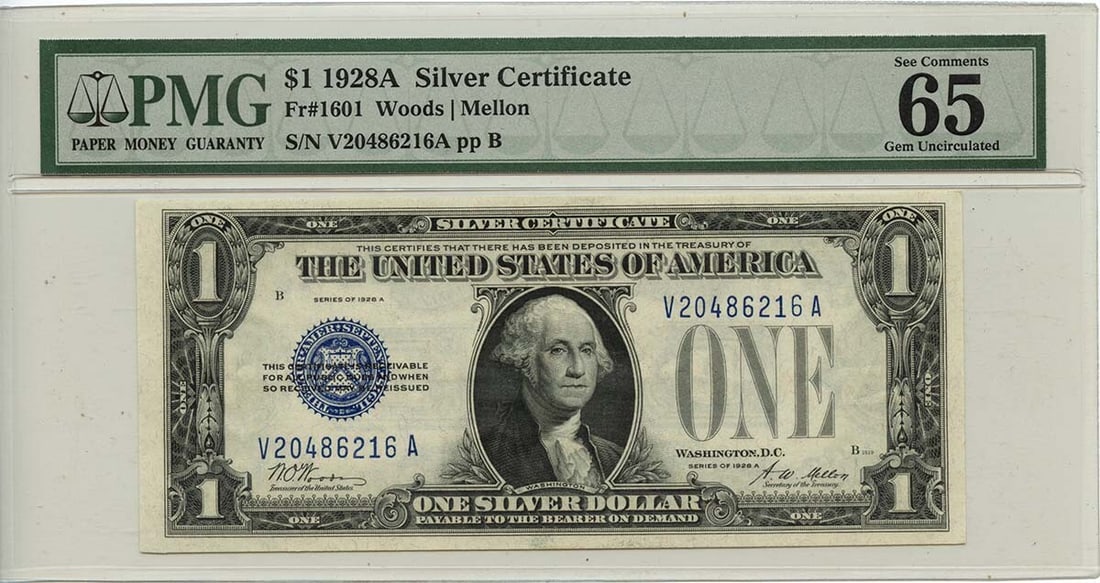 1928A $1 Silver Certificate Fr# 1601 VA Block PMG Gem65 EPQ: 1928A $1 Silver Certificate Fr# 1601 VA Block PMG Gem65 EPQ The 1928A $1 Silver Certificate, Fr# 1601, VA Block PMG Gem65 EPQ boasts exceptional condition with a high grade of MS65. This uncirculated 