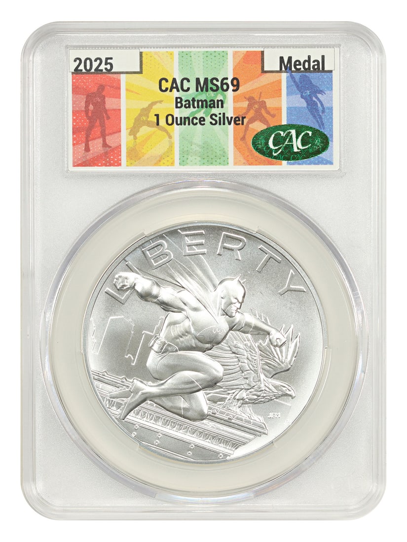 U.S. Mint Medal: 2025 1oz Silver Batman CACG MS69 - Modern Commemorative Medals: U.S. Mint Medal: 2025 1oz Silver Batman CACG MS69 - Modern Commemorative Medals The 2025 U.S. Mint Medal features a stunning design honoring Batman, with the Philadelphia mint marking its origin. This