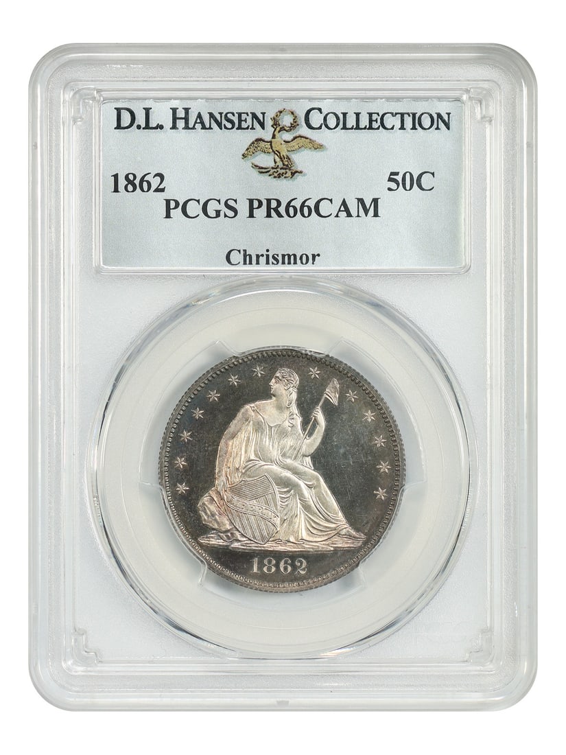 PCGS PR66CAM 1862 50C ex D.L. Hansen/ Chrismor: PCGS PR66CAM 1862 50C ex D.L. Hansen/ Chrismor PCGS PR66CAM 1862 50C ex D.L. Hansen/ Chrismor - A highly graded, uncirculated 1862 half cent coin certified by PCGS with a PR66CAM grade, bearing the si