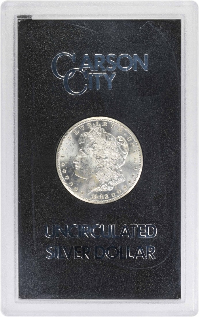 1883-CC Morgan Silver Dollar BU GSA Holder Hard Pack: 1883-CC Morgan Silver Dollar BU GSA Holder Hard Pack The 1883-CC Morgan Silver Dollar is an Uncirculated coin made from 90% silver and 10% copper, weighing 26.73 grams and measuring 38.10 millimeters