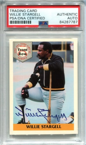 Willie Stargell Autographed 1992 Front Row Card (PSA): Willie Stargell Autographed 1992 Front Row Card (PSA) Signed in blue sharpie across the front of the card, this 1992 Front Row Card bears the mark of baseball legend Willie Stargell. Authenticated and