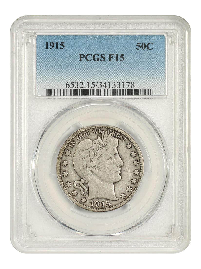 PCGS Fine 15 Barber Half Dollar 1915 Key Low Mintage Date: PCGS Fine 15 Barber Half Dollar 1915 Key Low Mintage Date The PCGS Fine 15 Barber Half Dollar 1915 Key Low Mintage Date is a circulated example from the Philadelphia mint, bearing the distinctive sign