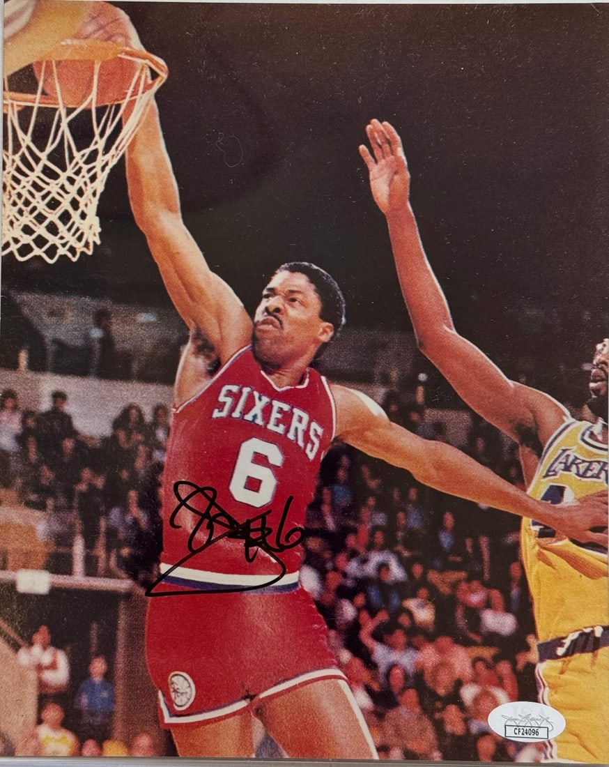 Julius Erving Autographed Sixers 8x10 Basketball Photo (JSA): Julius Erving Autographed Sixers 8x10 Basketball Photo (JSA) Signed by Julius Erving, the legendary Sixers player, in black sharpie across the front of this official 8x10 basketball photo. The James S