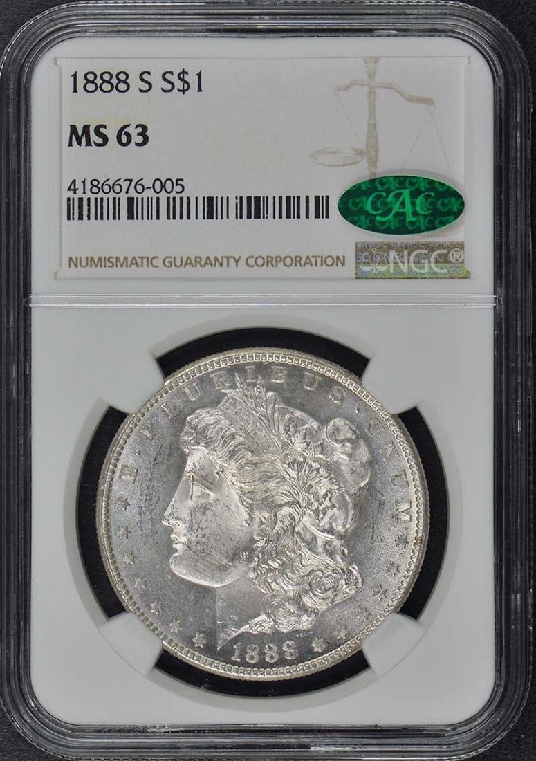 Morgan Dollar S$1 1888-MS63 CAC: Morgan Dollar S$1 1888-MS63 CAC MS63 CAC certified Morgan Dollar from 1888, graded by the NGC with a high level of detail and luster. This uncirculated coin features the iconic design of Augustus Sain