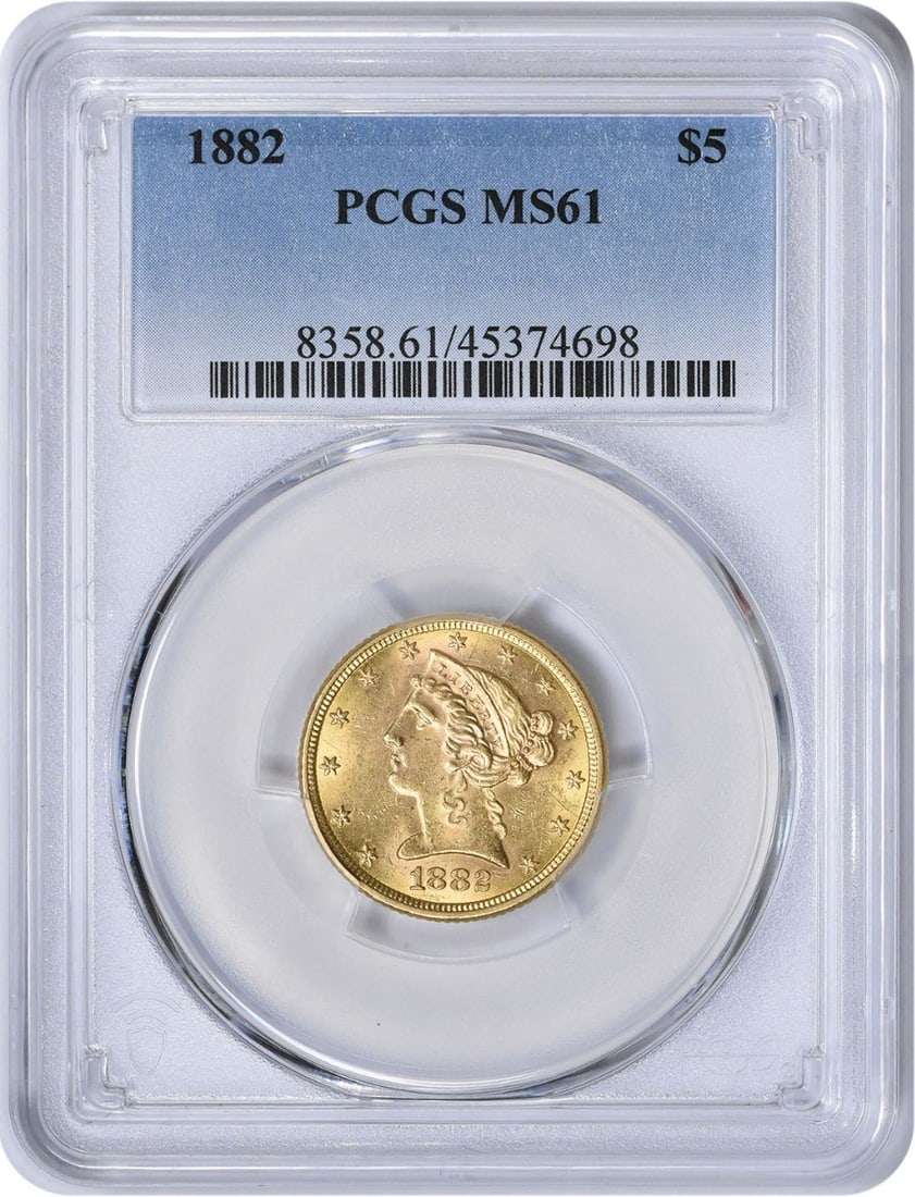$5 Gold 1882 Liberty Head MS61 PCGS: $5 Gold 1882 Liberty Head MS61 PCGS The $5 Gold 1882 Liberty Head MS61 PCGS features a striking design by Christian Gobrecht, with its 90% gold and 10% copper composition making it a unique blend. Wit