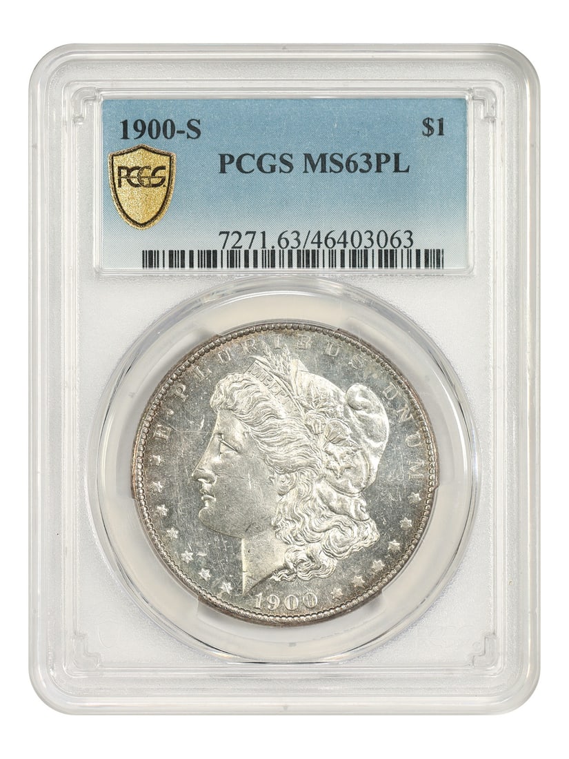 $1 PCGS MS63PL 1900-S Morgan Dollar: $1 PCGS MS63PL 1900-S Morgan Dollar The 1900-S Morgan Dollar, graded MS63PL by PCGS, showcases its exceptional condition with a high level of detail and luster. This uncirculated coin bears the mark o