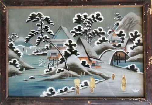 Garasu E Antique Japanese Snowy Winter Framed Landscape Painting: Garasu E Antique Japanese Snowy Winter Framed Landscape Painting Item Specifics: Artist: Unknown Subject: Snow Landscape Material: Glass Pigment Wood Frame Style: Japanese Year Of Production: 2010 Pro