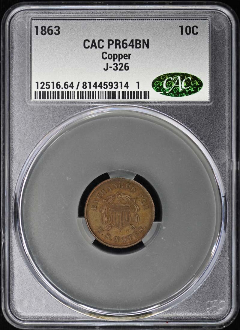 1863 10C Postage Currency J-326 Pattern CACG PR64 CAC R8: 1863 10C Postage Currency J-326 Pattern CACG PR64 CAC R8 The 1863 10C Postage Currency J-326 Pattern CACG PR64 CAC R8 is an uncirculated example of a rare and historic fractional note. Featuring a Pro