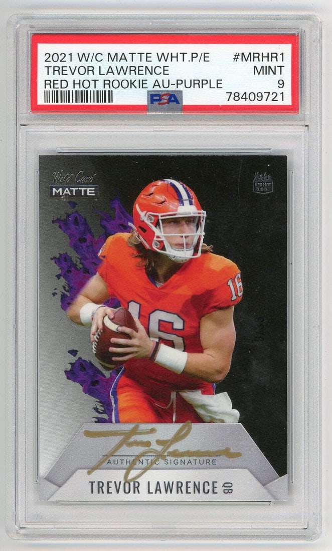 Trevor Lawrence 2021 Wild Card Matte Red Hot Rookie Au-Purple #MRHR1 PSA 9: Trevor Lawrence 2021 Wild Card Matte Red Hot Rookie Au-Purple #MRHR1 PSA 9 Trevor Lawrence's 2021 Wild Card Matte Red Hot Rookie Au-Purple #MRHR1 PSA 9 features a unique combination of matte finish an